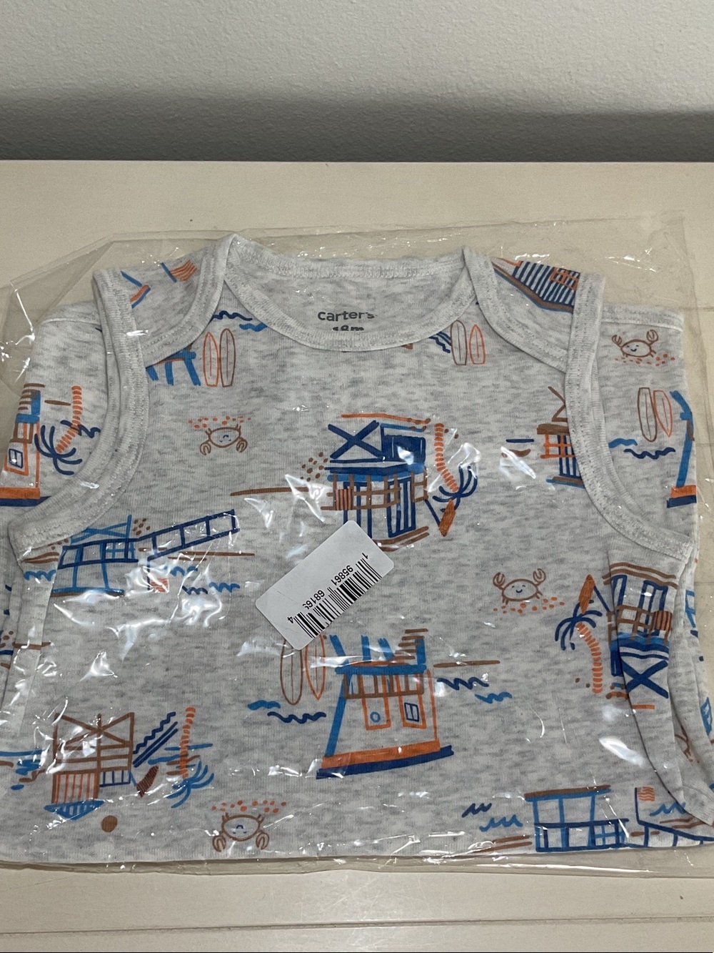 Carter's Light Gray Tank Top with Blue & Brown Beach Motifs